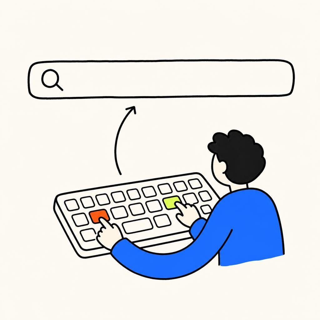 Eine Adressleiste mit Lupe, darunter eine Tastatur mit zwei hervorgehobenen Tasten und ein geschwungener Pfeil