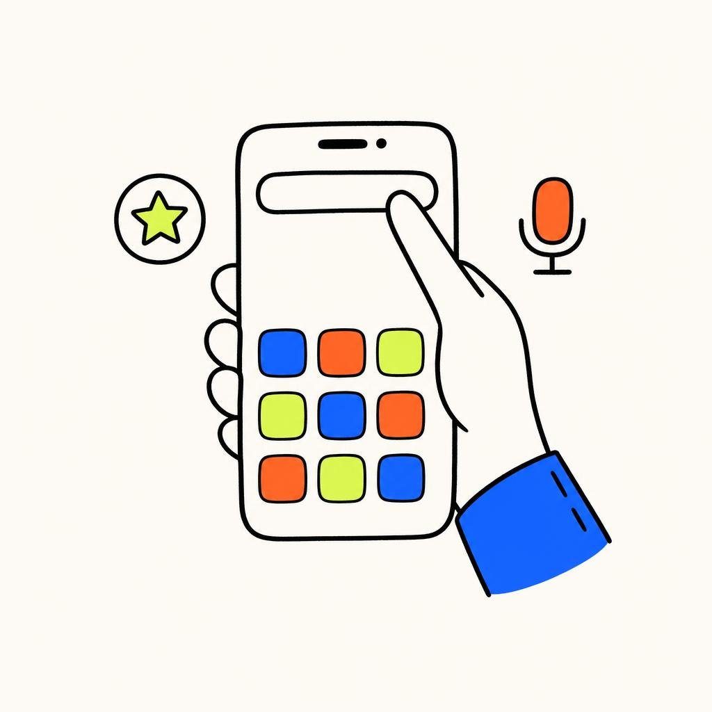 Ein Smartphone mit leerer Suchleiste, ein Daumen darüber, daneben ein Stern und ein Mikrofon