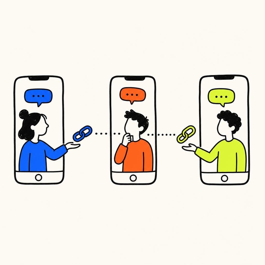 Drei Smartphones in einer Reihe, ein Kettenglied wandert entlang einer gepunkteten Linie vom ersten zum dritten