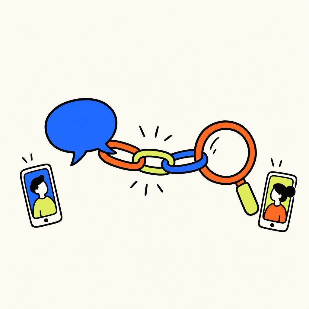 Ein Kettenglied verbindet eine Sprechblase mit einer Lupe, an den Rändern zwei Smartphones