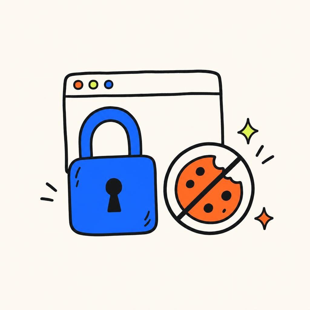 Ein großes Vorhängeschloss vor einem Browserfenster, daneben ein durchgestrichener Keks