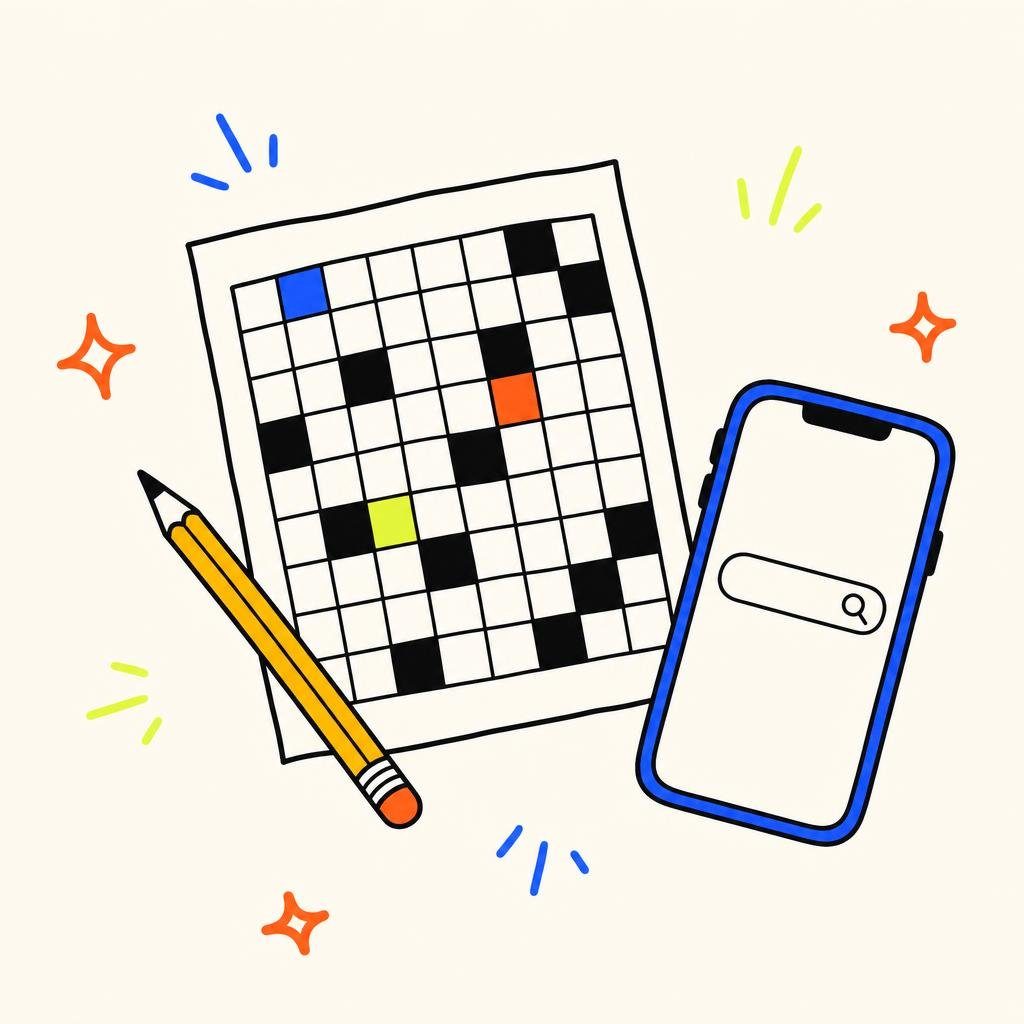 Ein Kreuzworträtsel mit einigen farbigen und schwarzen Feldern, daneben ein Bleistift und ein Smartphone mit leerer Suchleiste